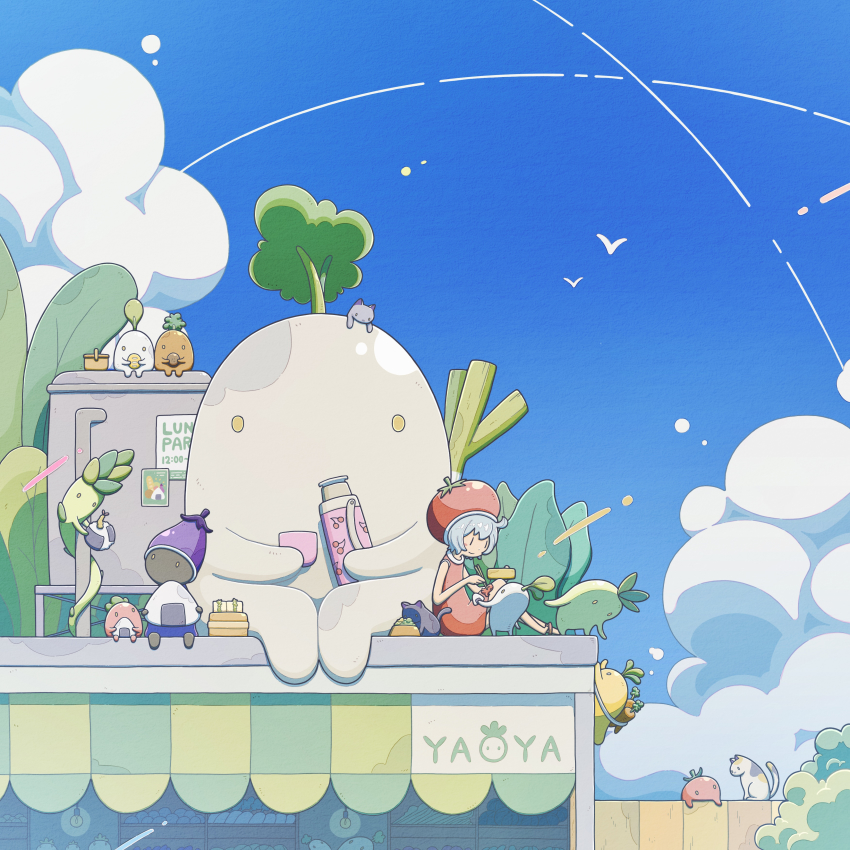 1girl, absurdres, asparagus, blue_sky, cat, chopsticks, climbing, cloud, commentary, creature, daikon, day, eggplant, fence, food, grey_hair, hat, highres, onigiri, original, outdoors, plant_monster, purple_headwear, radish, red_headwear, sitting, sky, spring_onion, thermos, tomato, tti_design, vegetable