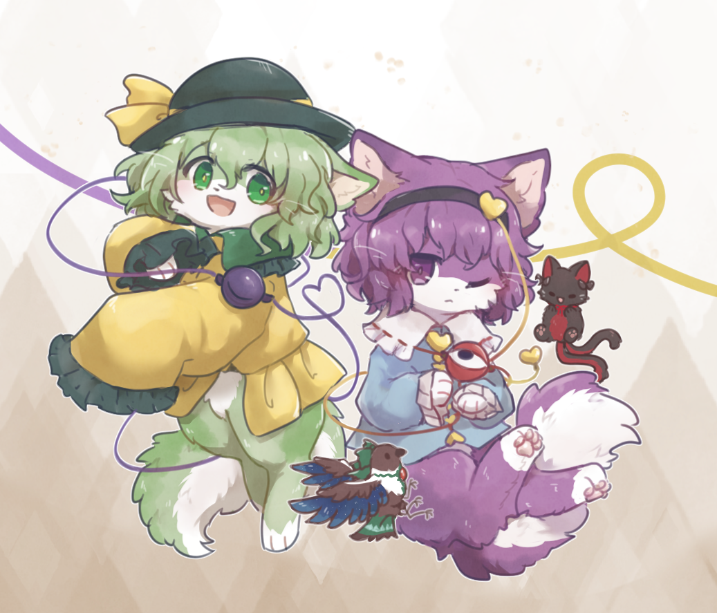 2girls, blouse, blue_shirt, floral_print, frilled_sleeves, frills, furrification, furry, green_skirt, hair_ornament, hairband, haneko0216, hat, hat_ribbon, heart, heart_hair_ornament, heart_of_string, kaenbyou_rin, kaenbyou_rin_(cat), komeiji_koishi, komeiji_satori, long_sleeves, multiple_girls, pink_hair, pink_skirt, reiuji_utsuho, reiuji_utsuho_(bird), ribbon, rose_print, shirt, skirt, string, third_eye, touhou, wide_sleeves, yellow_shirt