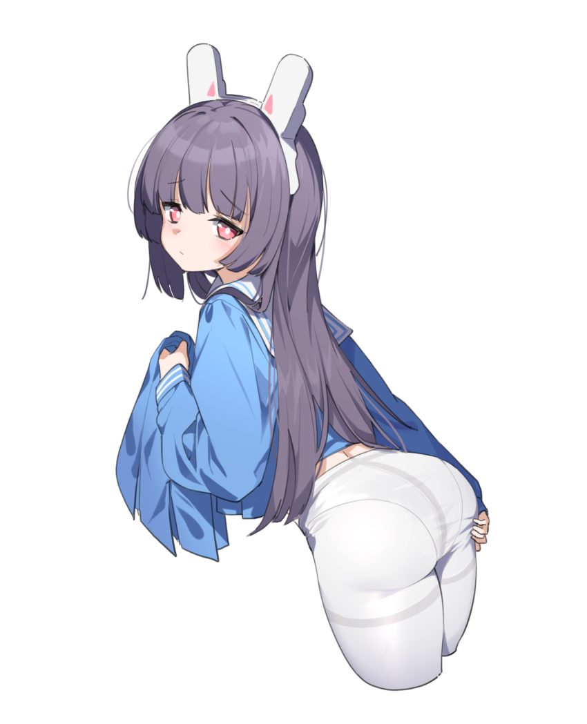1girl, animal_ears, ass, black_hair, blue_archive, blunt_bangs, bright_pupils, cropped_legs, deatheach, hand_on_own_ass, highres, holding, holding_unworn_clothes, holding_unworn_skirt, long_hair, mechanical_ears, miyu_(blue_archive), pantyhose, rabbit_ears, red_eyes, school_uniform, simple_background, skirt, solo, unworn_skirt, white_background, white_pantyhose, white_pupils