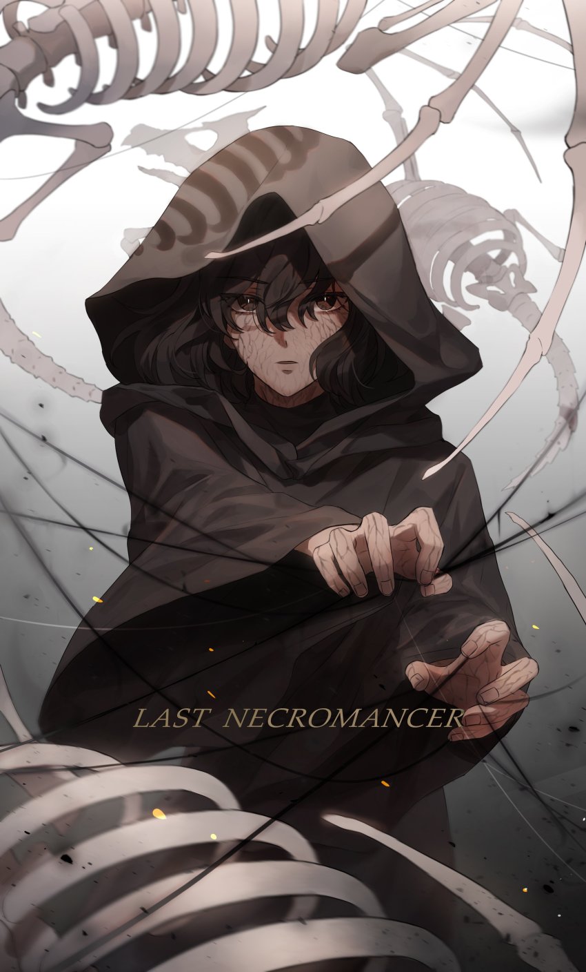 1girl, absurdres, bone, bright_pupils, brown_cloak, brown_eyes, brown_hair, cloak