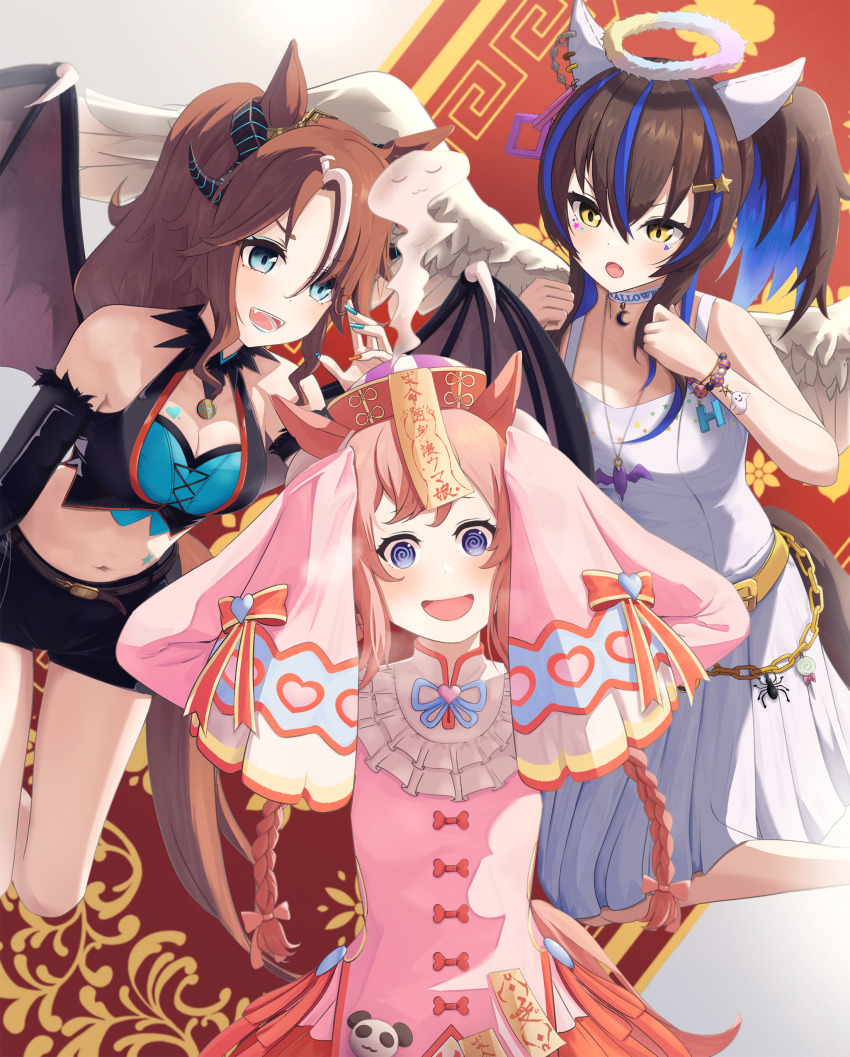 3girls, @_@, absurdres, agnes_digital_(lovely_jiangshi)_(umamusume), agnes_digital_(umamusume), animal_ears, bat_necklace, belly_chain