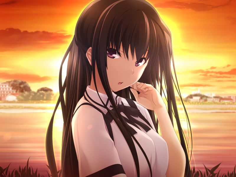 1girl, backlighting, black_hair, black_ribbon, blurry, blurry_background, collared_shirt, from_side