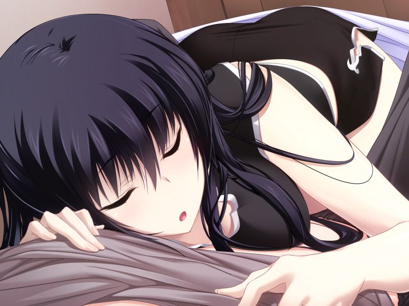 1girl, bare_arms, black_hair, black_shirt, black_shorts, breast_press, breasts, closed_eyes, game_cg, girl_on_top, hair_between_eyes, indoors, kawagishi_keitarou, lin_chong_(majikoi), long_hair, lying, maji_de_watashi_ni_koi_shinasai!, medium_breasts, on_stomach, open_mouth, shirt, short_shorts, shorts, side_slit, sleeping, sleeveless, sleeveless_shirt, solo_focus, straight_hair, under_covers