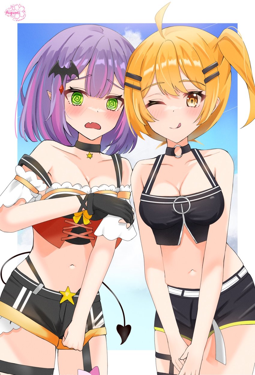 2girls, @_@, ahoge, bat_hair_ornament, black_choker, black_gloves, black_shirt, black_shorts