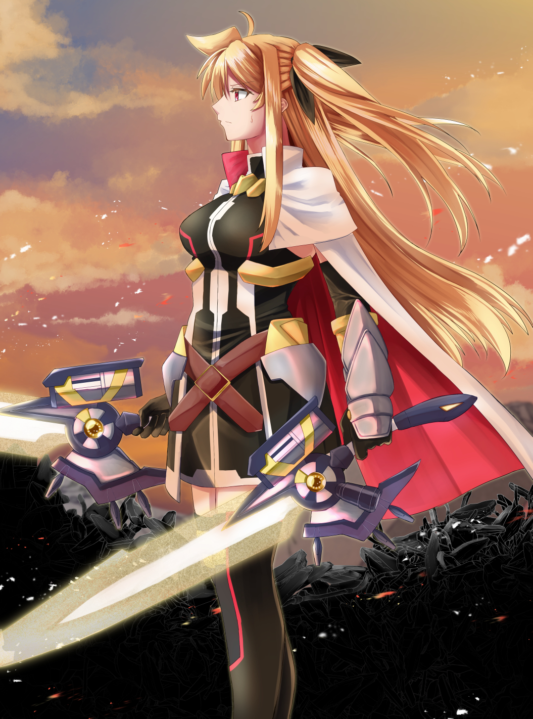 1girl, armor, bardiche_(blitz_saber_form)_(nanoha), bardiche_(nanoha), black_bow, black_gloves, black_thighhighs, blonde_hair