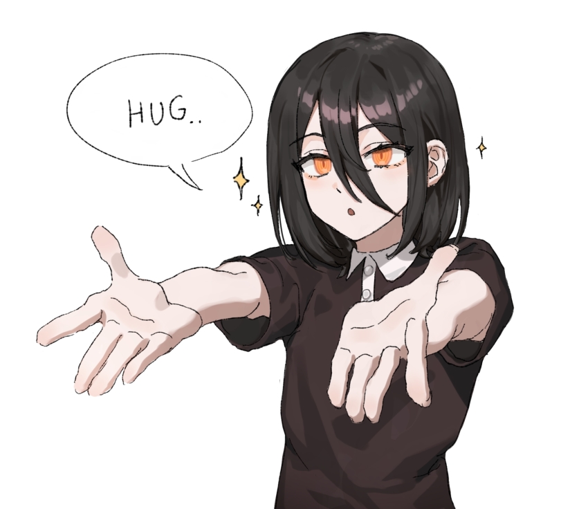 1girl, black_dress, chainsaw_man, commentary_request, dress, english_text, foreshortening, hair_between_eyes