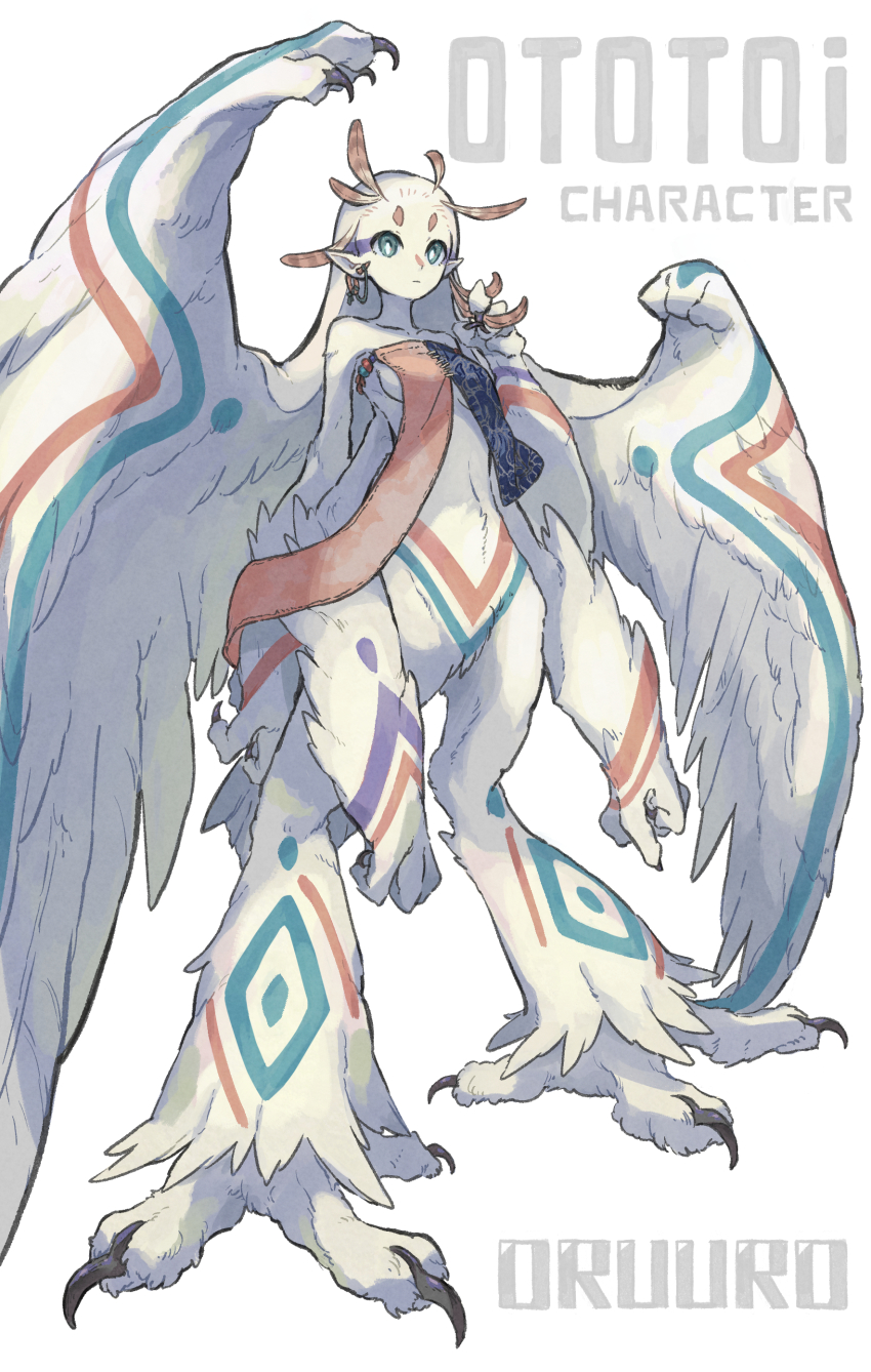 1girl, absurdres, aqua_eyes, artist_name, breasts, bright_pupils, brown_feathers, claws