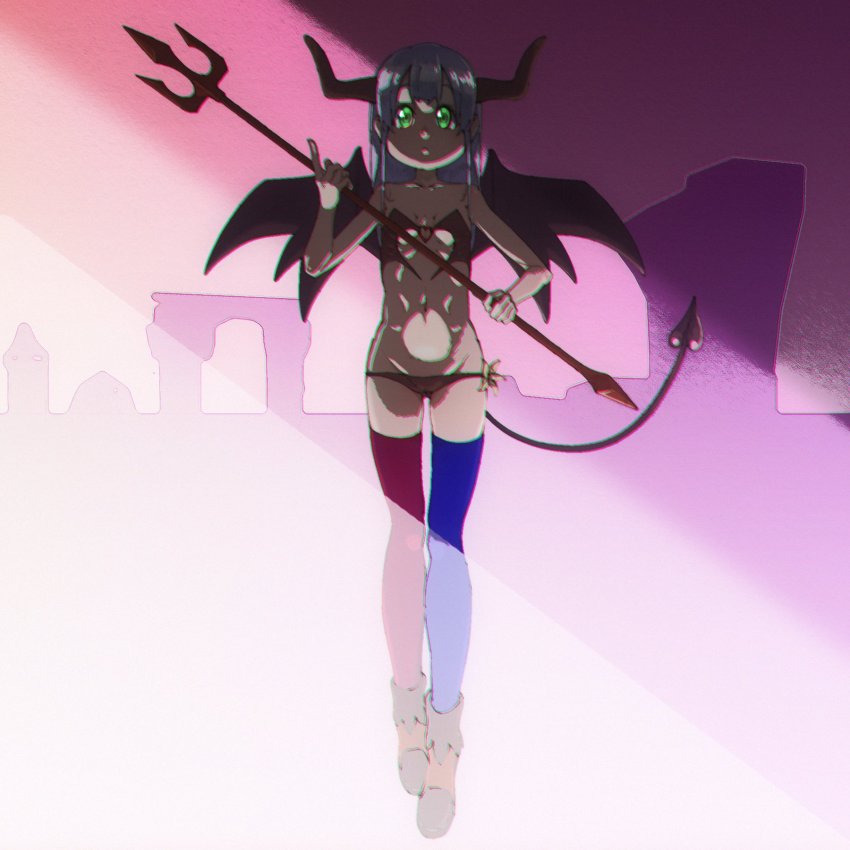 1girl, demon_horns, demon_tail, demon_wings, full_body, groin, halloween_costume, highres