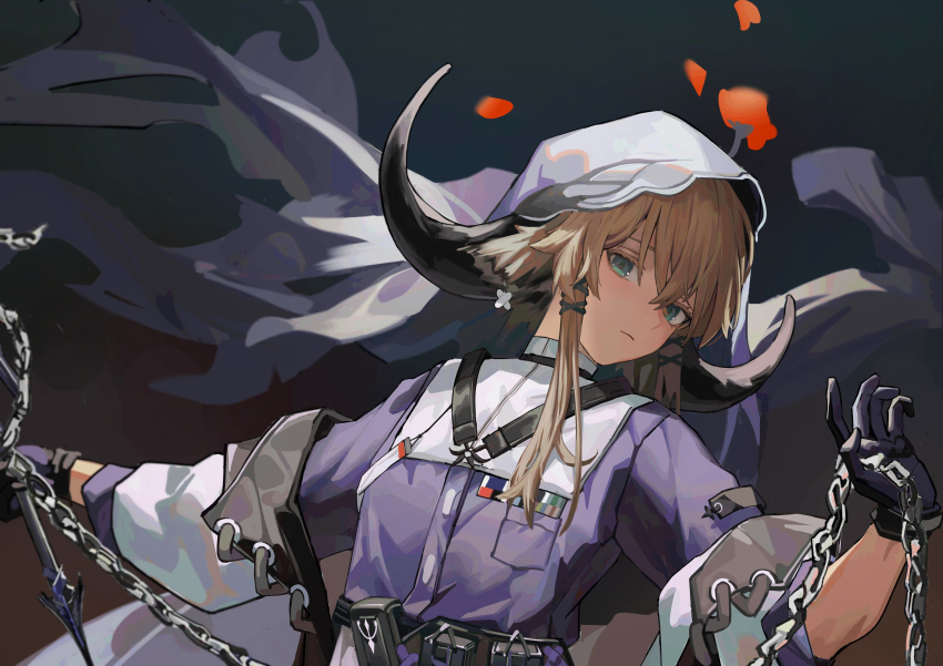 1girl, absurdres, arknights, black_gloves, brown_hair, chain_whip, flower, flower_on_head