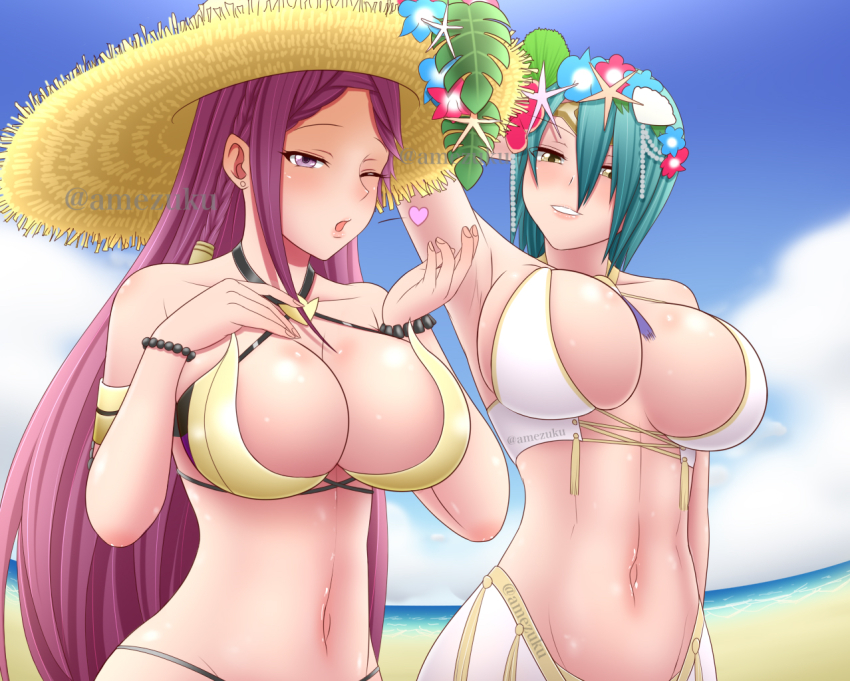 2girls, abs, amezuku, arm_behind_head, arm_up, armpits, bare_shoulders, beach