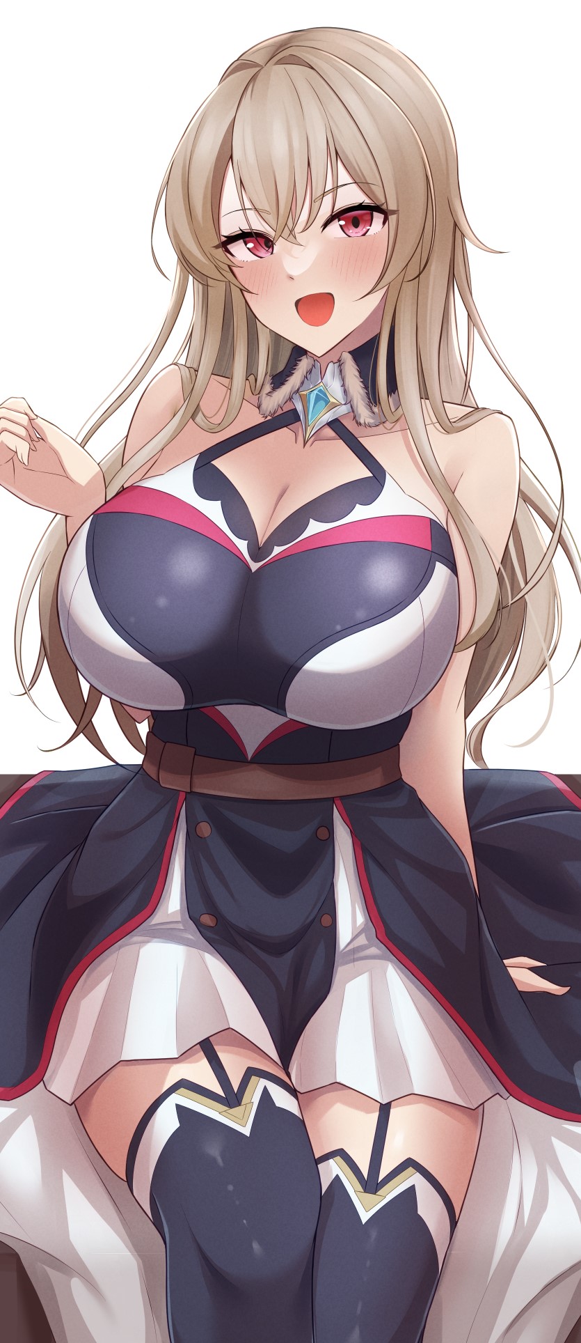 1girl, amaya_(amaya_sakuratei), bare_shoulders, breasts, brown_hair, cleavage, detached_collar, dress, furen_e_lustario, furen_e_lustario_(1st_costume), garter_straps, hair_between_eyes, highres, large_breasts, long_hair, looking_at_viewer, nijisanji, open_mouth, red_eyes, sitting, solo, thighhighs, virtual_youtuber, white_background