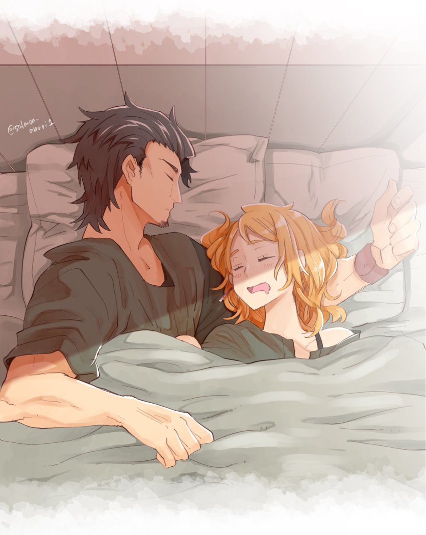 1boy, 1girl, artist_name, beard, black_hair, blush, closed_eyes, day