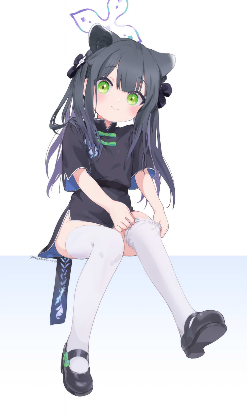 1girl, adjusting_clothes, adjusting_legwear, animal_ears, black_dress, black_hair, black_ribbon, black_shoes