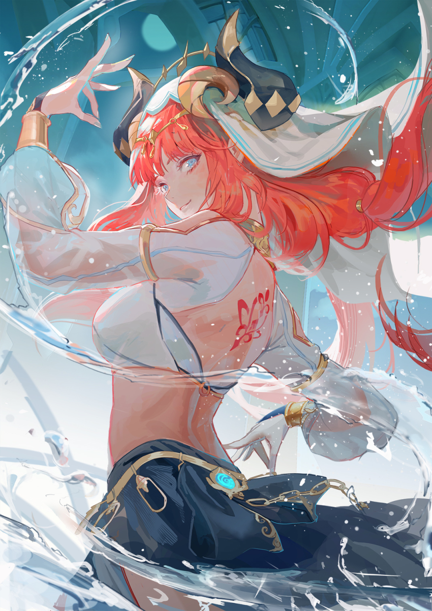 1girl, aqua_eyes, arm_up, back_tattoo, blue_eyes, blush, bracer, breasts