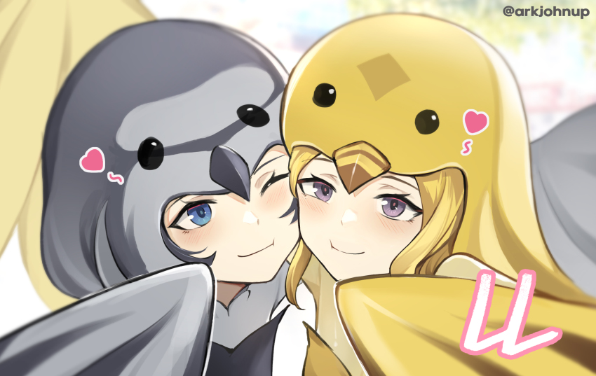 2girls, :t, ;t, ark_john_up, bird_hood, black_hair, blonde_hair, blue_eyes, blush, cheek-to-cheek, commentary, duel_monster, harpy, heads_together, heart, highres, lyrilusc_-_beryl_canary, lyrilusc_-_celestine_wagtail, monster_girl, multiple_girls, one_eye_closed, purple_eyes, twitter_username, winged_arms, wings, yu-gi-oh!