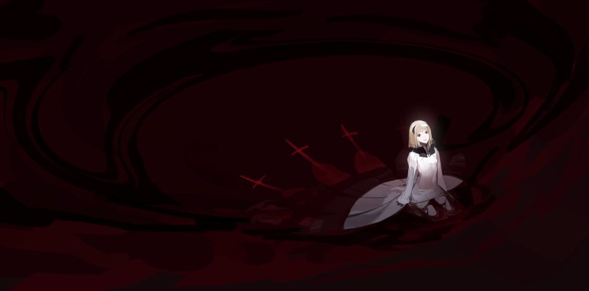 1boy, blonde_hair, blood, blood_on_clothes, blunt_bangs, brother_one, drag-on_dragoon, drag-on_dragoon_3, empty_eyes, highres, long_sleeves, male_focus, meru02295238, panties, red_eyes, roman_numeral, shirt, short_hair, sitting, solo, underwear, waist_cape, wariza, white_panties, white_shirt