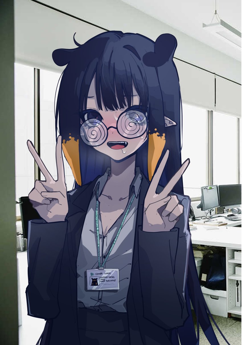 1girl, :d, absurdres, animal_ears, blush, double_v, glasses, heart