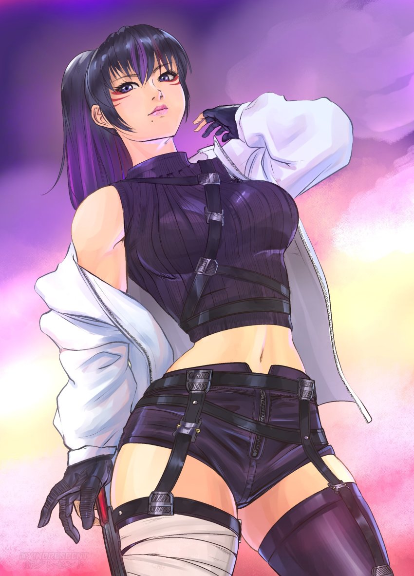1girl, absurdres, bandaged_leg, bandages, bare_shoulders, belly, black_gloves, black_hair, blurry, blurry_background, breasts, coat, eyelashes, facial_mark, fingerless_gloves, garter_straps, gloves, halterneck, highres, kunimitsu_ii, large_breasts, lips, midriff, miniskirt, mole, mole_under_mouth, multicolored_hair, namco, navel, pink_lips, ponytail, purple_eyes, purple_hair, shorts, single_garter_strap, skirt, solo, strap, tekken, tekken_7, thighhighs, thighs, two-tone_hair, whisker_markings, yincrescent, zipper