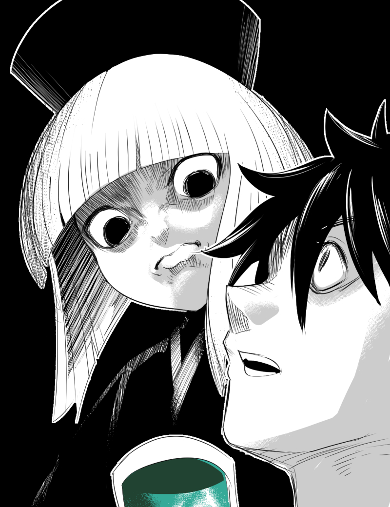 1boy, 1girl, angry, black_background, black_hair, blunt_bangs, closed_mouth, cup