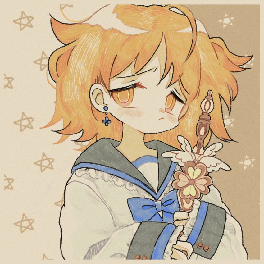 1girl, ahoge, blush, bow, bowtie, earrings, frilled_sailor_collar, frilled_sleeves