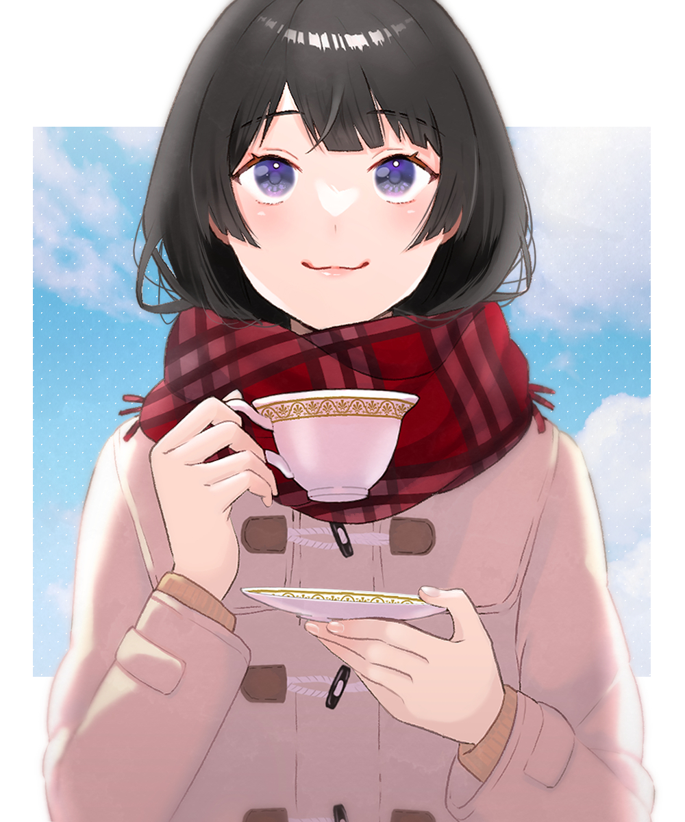 1girl, :3, arime_hotaru, black_hair, blush, coat, cup, duffel_coat