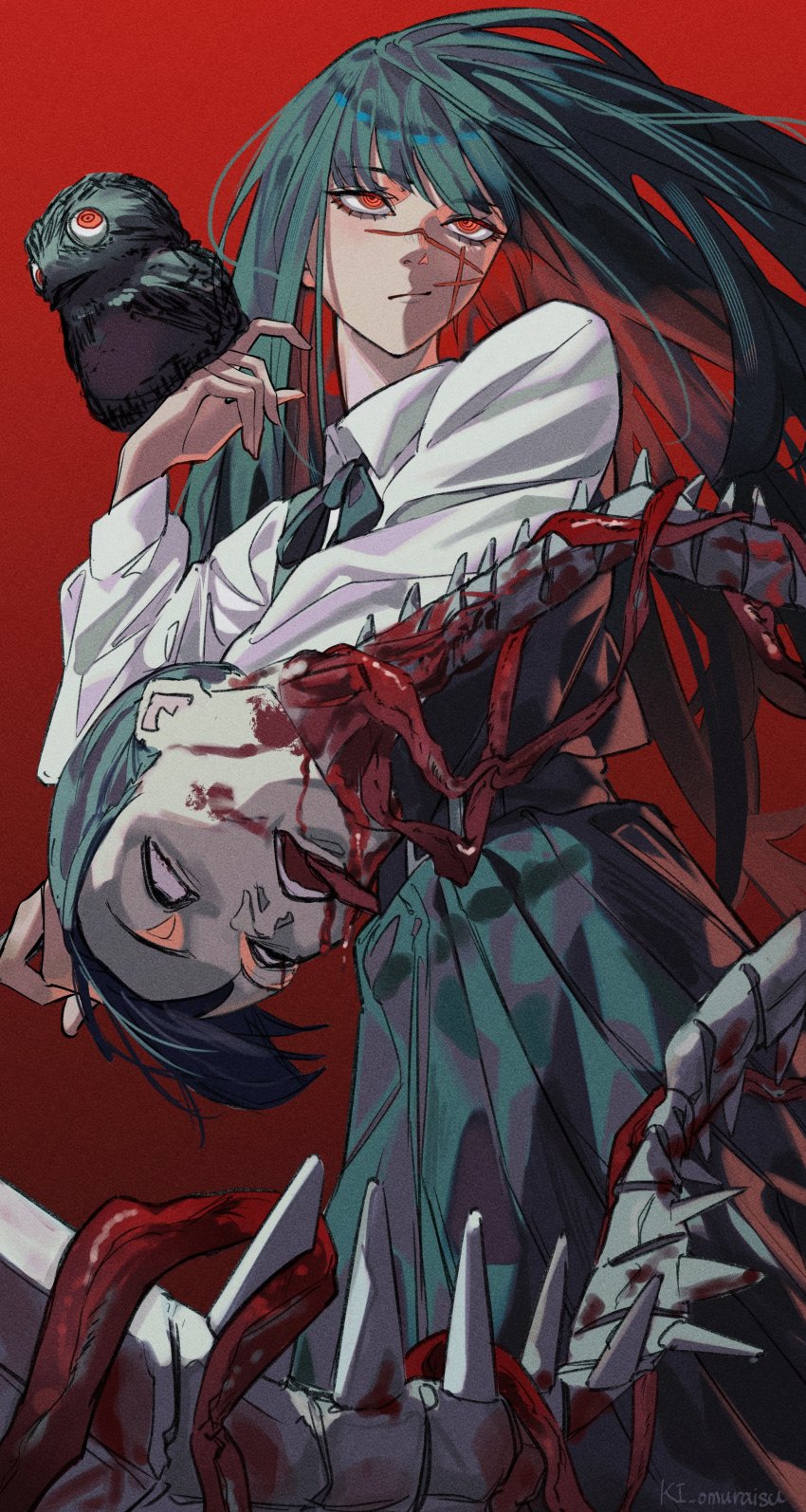 1girl, absurdres, bird, black_bow, black_hair, blood, blood_on_face, bone