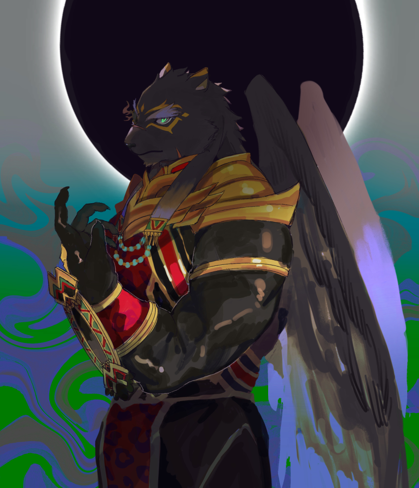 1boy, animal_ears, bara, black_sun, blackcatlandr, circle, feathered_wings, fingernails