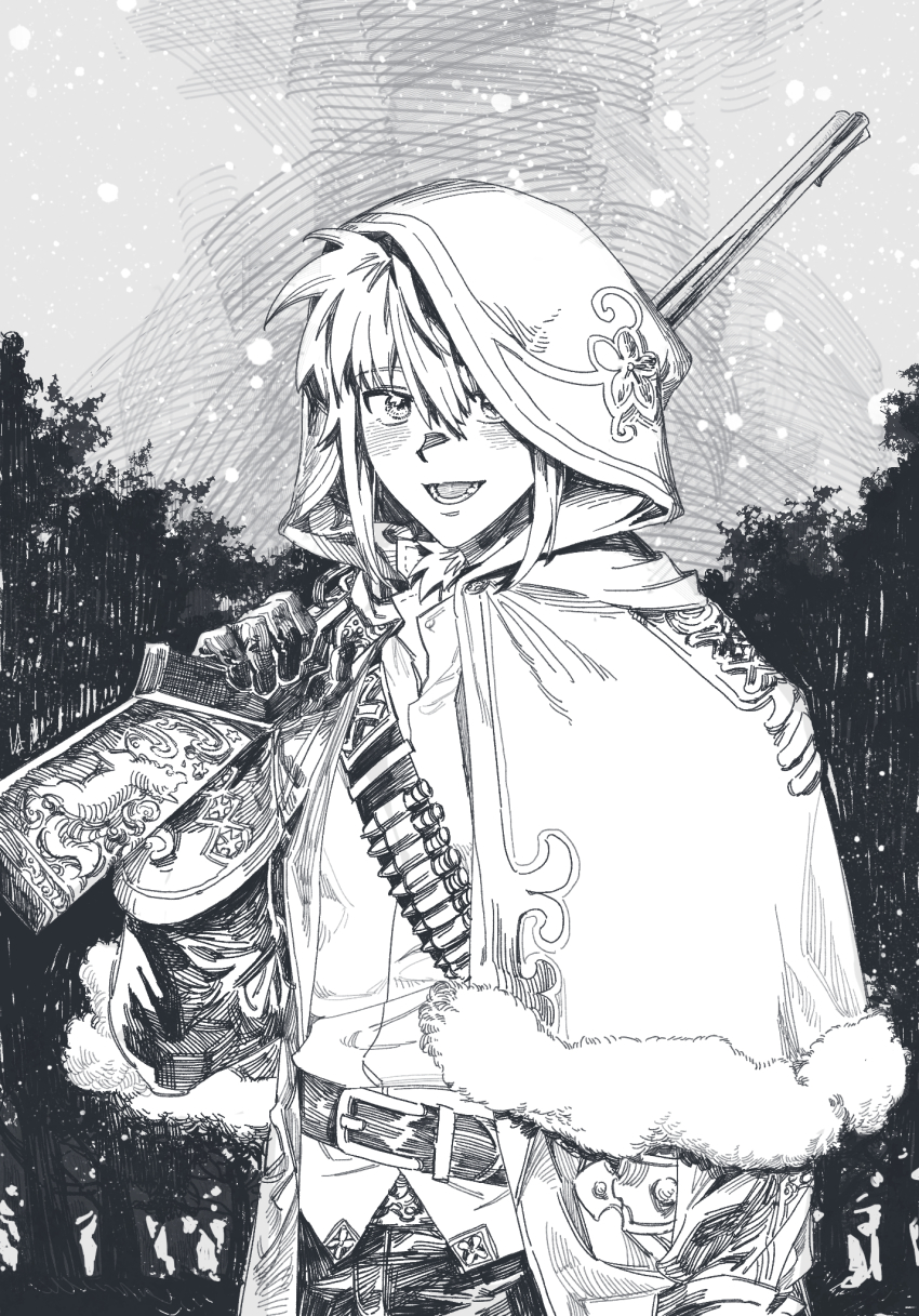 1boy, :d, ammunition, arc_(housamo), belt, black_gloves, black_pants, blackcatlandr, blush, cape, collared_shirt, cowboy_shot, forest, fur-trimmed_cape, fur_trim, gloves, grey_background, greyscale, gun, hand_up, highres, holding, holding_weapon, hood, hooded_cape, looking_at_viewer, monochrome, nature, official_alternate_costume, open_mouth, other_focus, outdoors, pants, rifle, shirt, sidelocks, smile, snow, snowing, solo, standing, tokyo_houkago_summoners, upper_body, weapon, winter