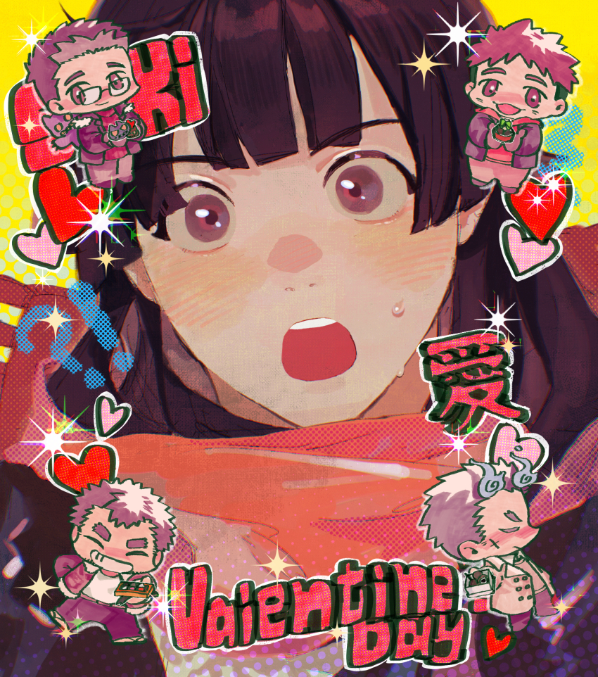 !?, 1girl, 4boys, blackcatlandr, blunt_bangs, blush, chibi, close-up