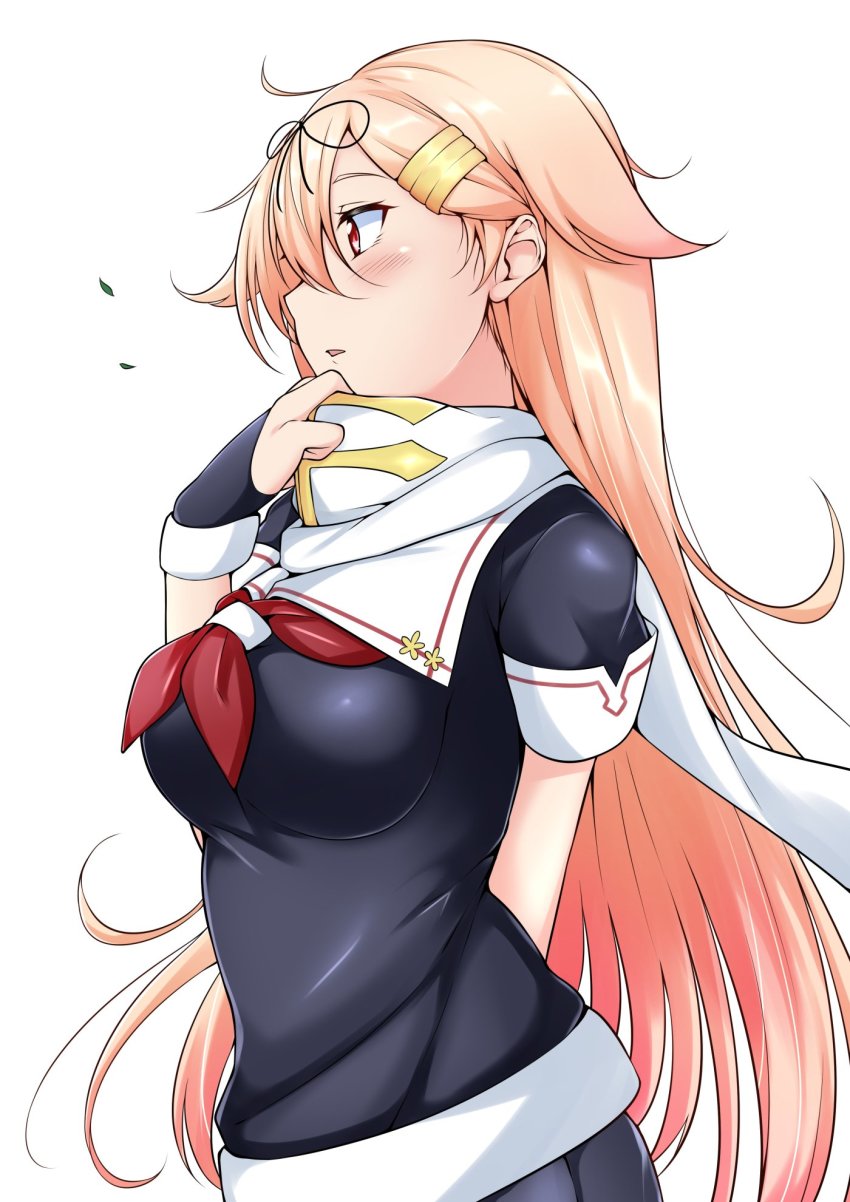 1girl, black_ribbon, black_serafuku, black_skirt, blonde_hair, breasts, hair_flaps, hair_ornament