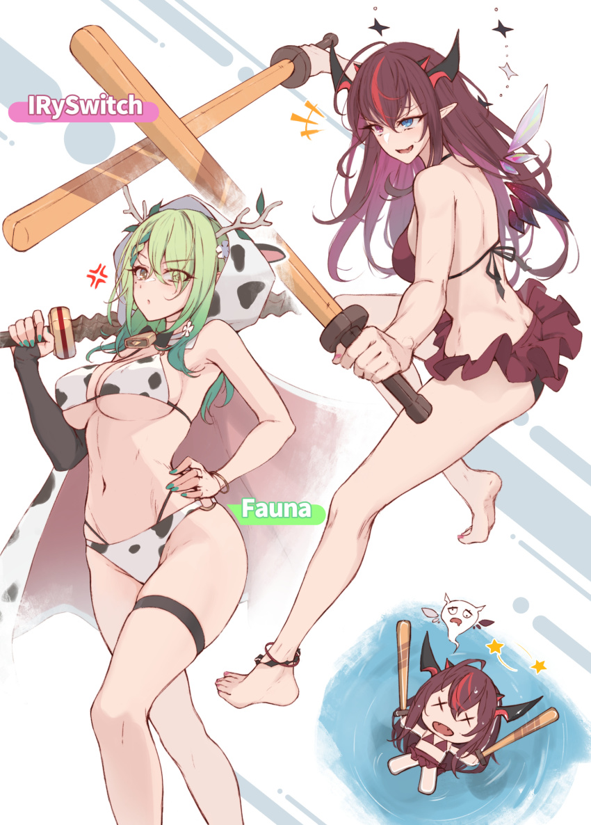 2girls, absurdres, anger_vein, animal_print, anklet, antlers, barefoot, bell