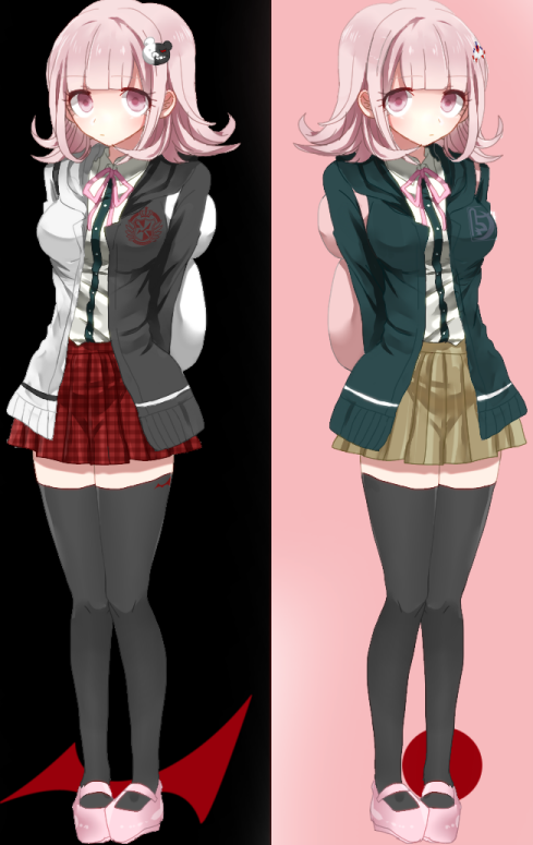 1girl, alternate_universe, arms_behind_back, black_background, black_jacket, black_pantyhose, black_shirt, brown_skirt