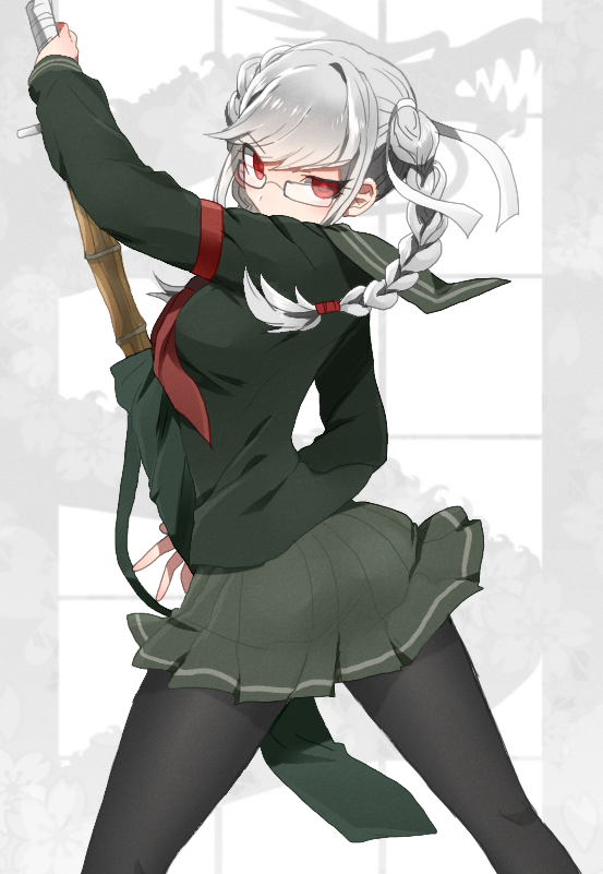 1girl, armband, black_pantyhose, black_sailor_collar, black_shirt, black_skirt, breasts, contrapposto, danganronpa_(series), danganronpa_2:_goodbye_despair, from_side, glasses, grey_background, grey_hair, hair_ribbon, holding, holding_weapon, large_breasts, neckerchief, pantyhose, pekoyama_peko, pleated_skirt, red_armband, red_eyes, red_neckerchief, ribbon, sailor_collar, shine5s, shirt, skirt, solo, standing, two-tone_background, weapon, white_ribbon