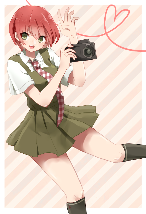 1girl, :d, black_socks, blush, breasts, camera, checkered_necktie, collared_shirt