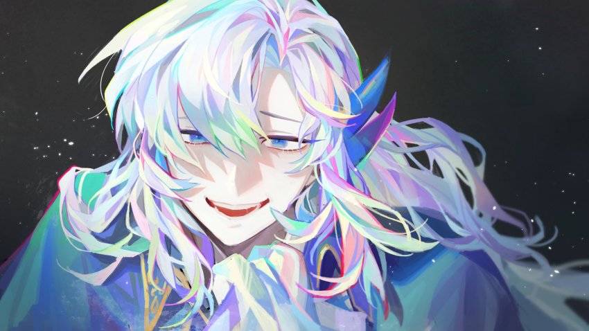 1boy, :d, argalia_(project_moon), ascot, black_background, blue_cape, blue_eyes, cape