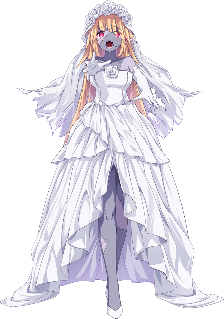 1girl, breasts, bridal_veil, bride, brooklyn_(halloween)_(kancolle), brooklyn_(kancolle), colored_skin, dress, elbow_gloves, flower, full_body, gloves, grey_skin, halloween_costume, high-low_dress, kantai_collection, large_breasts, multicolored_skin, official_art, outstretched_arms, patchwork_skin, rose, stitched_face, stitches, strapless, strapless_dress, torn_clothes, transparent_background, two-tone_skin, ugume, veil, wedding_dress, white_dress, white_flower, white_rose, zombie, zombie_pose