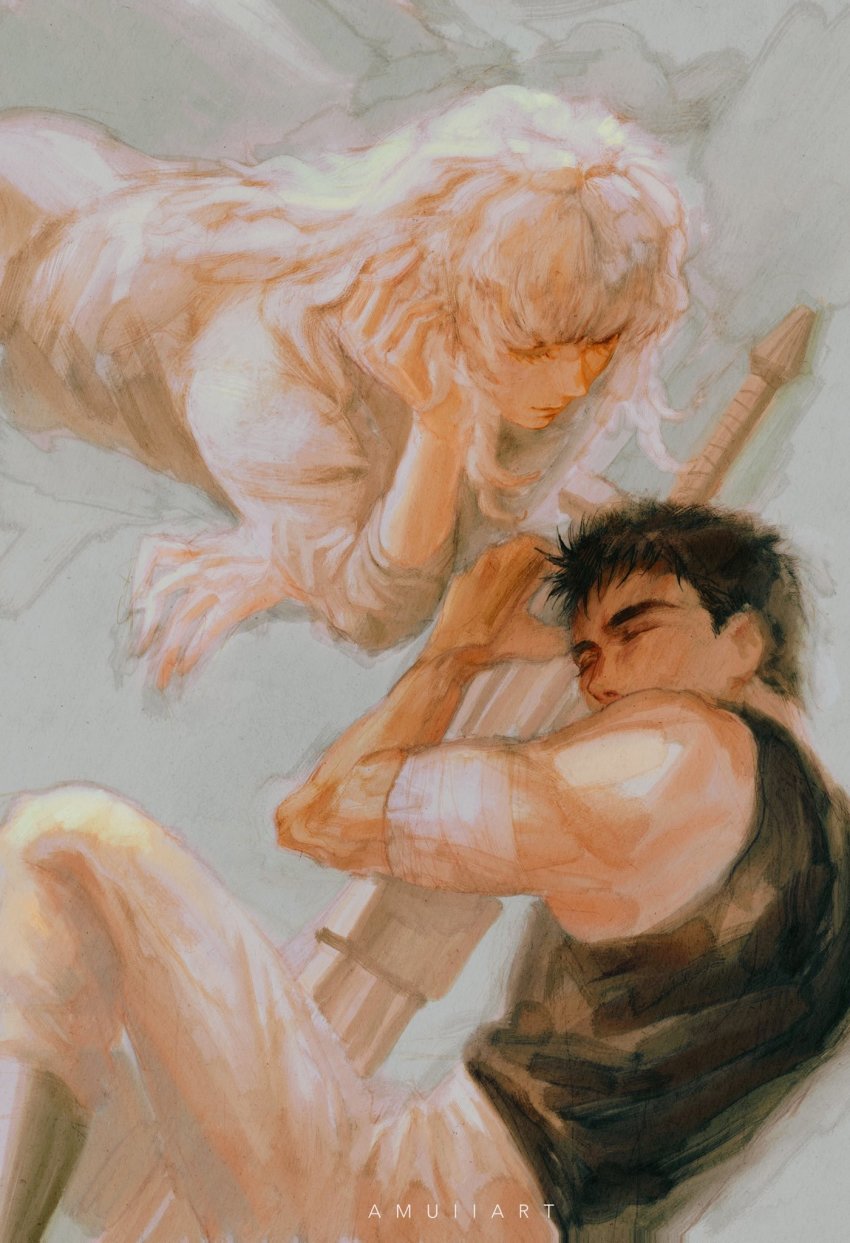 2boys, amuii, artist_name, bandaged_arm, bandages, berserk, black_hair, black_shirt, closed_eyes, closed_mouth, griffith_(berserk), guts_(berserk), hand_in_own_hair, highres, hug, light_smile, long_hair, looking_at_another, lying, male_focus, multiple_boys, hugging_object, shirt, short_hair, sleeping, smile, spiked_hair, white_hair, white_shirt