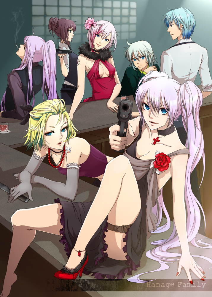 3boys, 4girls, anklet, bar_(place), barefoot, blonde_hair, blue_eyes, breasts, choker, cigarette, cleavage, cross, dress, elbow_gloves, face_piercing, flower, gloves, gun, hagane_miku, hagane_vocaloid, hatsune_miku, high_heels, isamine_kaito, jewelry, kagura_gakupo, knife, lip_piercing, magane_len, magane_rin, md5_mismatch, medium_breasts, momopanda, multicolored_hair, multiple_boys, multiple_girls, nail_polish, necklace, okurine_luka, piercing, pink_hair, ponytail, purple_hair, red_nails, rose, sakerune_meiko, shoes, short_hair, single_shoe, sitting, small_breasts, smoking, twintails, two-tone_hair, vocaloid, weapon