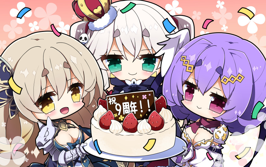 3girls, :d, absurdres, anniversary, aran_(sennen_sensou_aigis), black_bow, blue_dress, blush