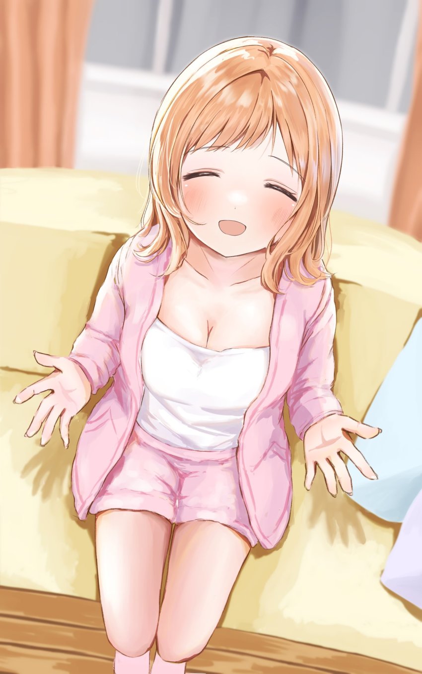 1girl, ^_^, ^o^, blurry, blurry_background, blush, breasts, cleavage, closed_eyes, collarbone, couch, highres, idolmaster, idolmaster_shiny_colors, incoming_hug, jacket, light_brown_hair, maruno_zzz, medium_breasts, medium_hair, on_couch, pink_jacket, pink_shorts, reaching, reaching_towards_viewer, sakuragi_mano, shirt, shorts, sitting, smile, solo, white_shirt