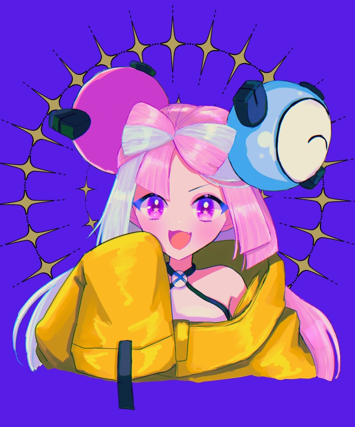 1girl, :d, blush, character_hair_ornament, commentary_request, grey_hair, hair_ornament, hand_up, iono_(pokemon), jacket, long_hair, long_sleeves, looking_at_viewer, misaki_emiru, multicolored_hair, nintendo, open_mouth, pink_hair, pokemon, pokemon_scarlet_and_violet, purple_background, purple_eyes, shirt, sleeveless, sleeveless_shirt, sleeves_past_fingers, sleeves_past_wrists, smile, solo, sparkle, star_(symbol), star_in_eye, symbol_in_eye, two-tone_hair, upper_body, yellow_jacket