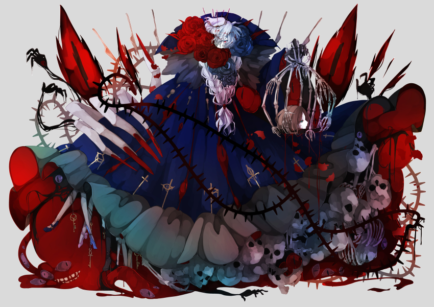 1boy, black_flower, black_rose, blood, blue_cloak, blue_flower, blue_rose, bluebeard, bone, braid, braided_beard, cage, cloak, commentary, covered_mouth, cross, cross_print, crown, cthulhu_mythos, disembodied_eye, disembodied_hand, erc, facial_hair, fingernails, flower, flower_over_eye, full_body, grey_background, hair_over_one_eye, high_collar, highres, holding, holding_cage, looking_at_viewer, male_focus, monster, nail_polish, original, plant, red_eyes, red_flower, red_nails, red_rose, rose, sanpaku, severed_head, sharp_fingernails, simple_background, skull, solo, thorns, torn_cloak, torn_clothes, vines, white_hair