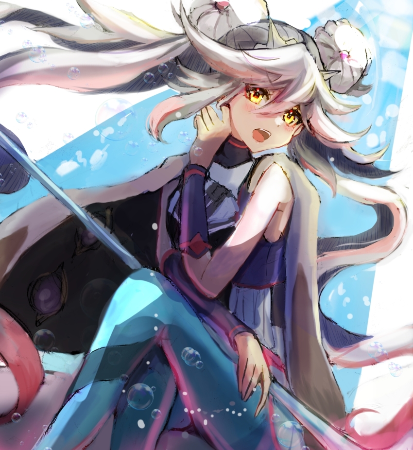1girl, blue_pantyhose, blush, bubble, double_bun, duel_monster, grey_hair, hair_between_eyes
