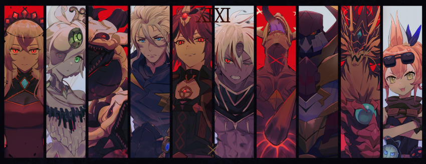 3girls, 5boys, albaz_(yu-gi-oh!), aluber_(yu-gi-oh!), aluber_the_jester_of_despia, blazing_cartesia_the_virtuous, blonde_hair, blue_eyes, clenched_teeth, cloak, dark-skinned_male, dark_skin, dogmatika_alba_zoa, dragon, duel_monster, ecclesia_(yu-gi-oh!), eyes_visible_through_hair, eyewear_on_head, fallen_of_albaz, gigantic_champion_sargas, green_eyes, hair_over_one_eye, highres, hsin, icejade_aegirine, icejade_gymir_aegirine, jewelry, kitt_(yu-gi-oh!), long_tongue, mecha, midriff, multiple_boys, multiple_girls, one_eye_closed, open_mouth, orange_hair, red_eyes, red_hair, robot, scar, smile, springans_captain_sargas, springans_kitt, sunglasses, swordsoul_(yu-gi-oh!), swordsoul_sinister_sovereign_-_qixing_longyuan, swordsoul_strategist_longyuan, teeth, the_bystial_alba_los, tongue, tongue_out, tri-brigade_shuraig_the_ominous_omen, white_hair, yellow_eyes, yu-gi-oh!