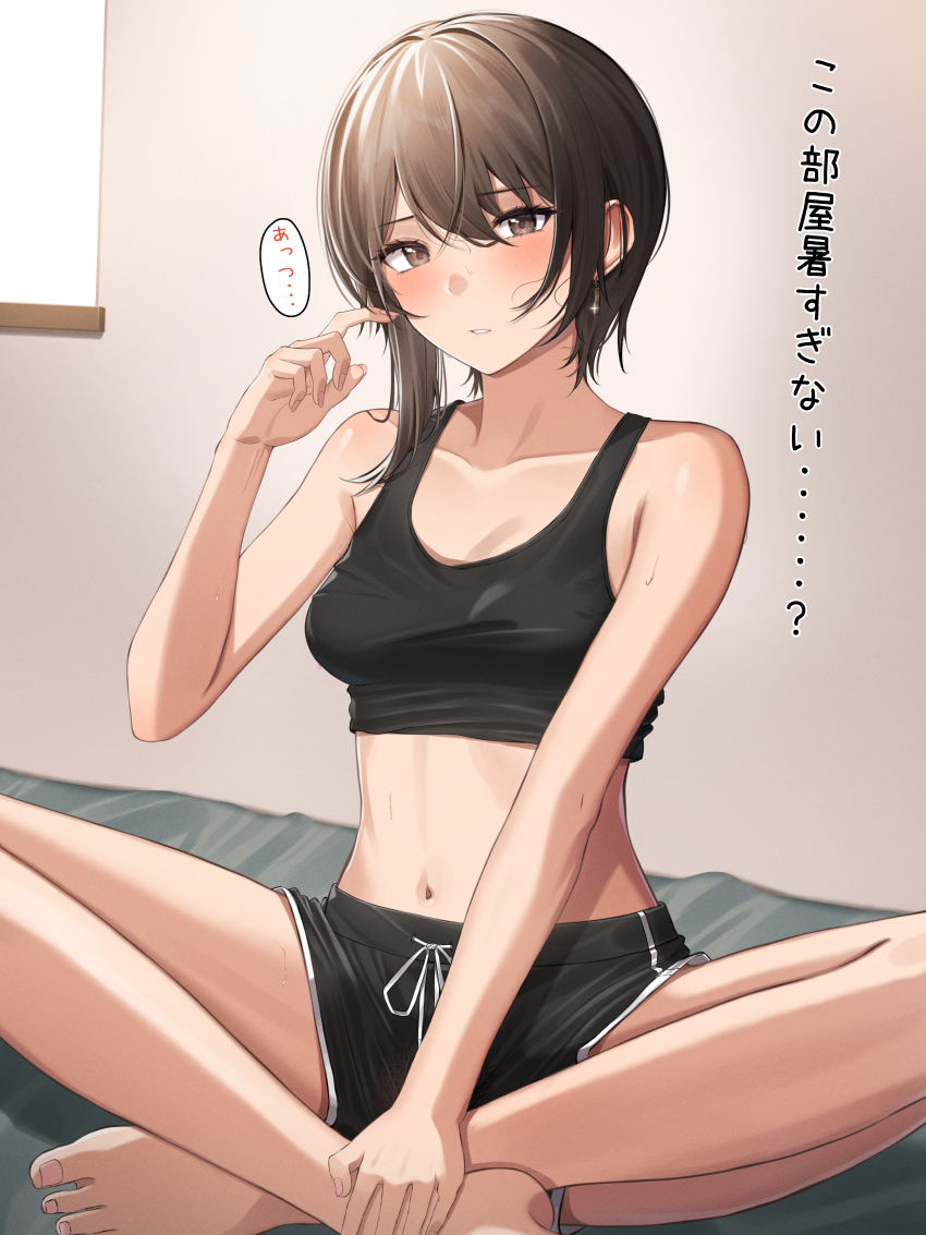 1girl, absurdres, asymmetrical_hair, barefoot, blush, breasts, brown_eyes, brown_hair