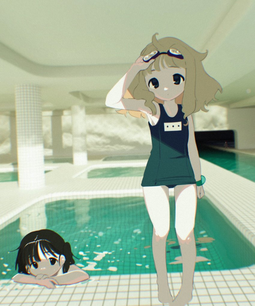 2girls, adjusting_goggles, black_eyes, blonde_hair, bracelet, chromatic_aberration, expressionless, female_focus