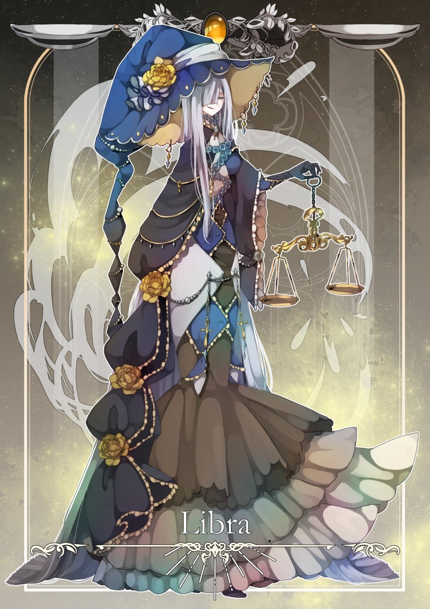 1girl, absurdres, ascot, balance_scale, black_cape, black_footwear, blue_dress, blue_flower, blue_gloves, blue_hat, blue_rose, blunt_ends, brown_dress, cape, dress, erc, flower, flower_trim, full_body, gloves, grey_hair, hair_over_one_eye, hat, hat_flower, highres, holding_scale, libra_(zodiac), long_dress, long_hair, looking_at_viewer, mermaid_dress, original, parted_lips, rose, smile, solo, standing, very_long_hair, weighing_scale, wide_sleeves, witch, witch_hat, yellow_eyes, yellow_flower, yellow_rose, zodiac