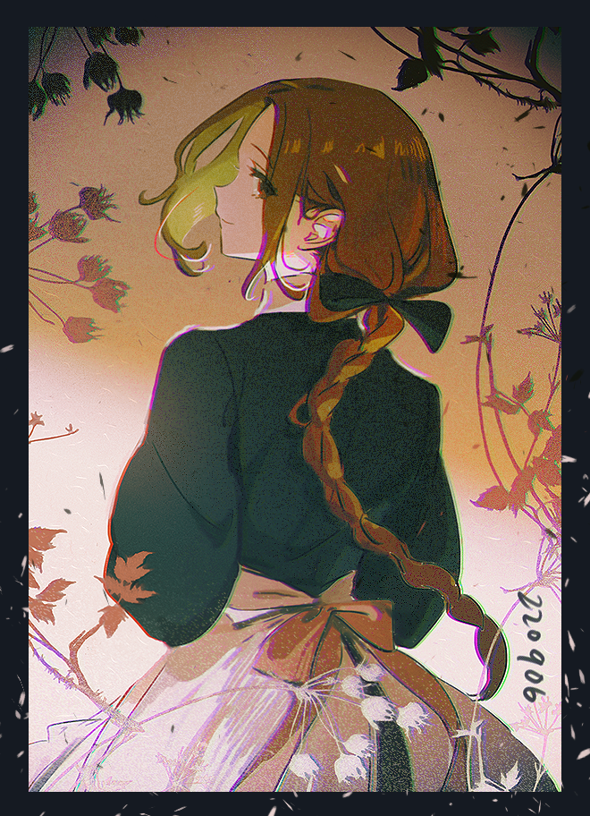 1girl, apron, black_bow, black_dress, border, bow, braid, braided_ponytail