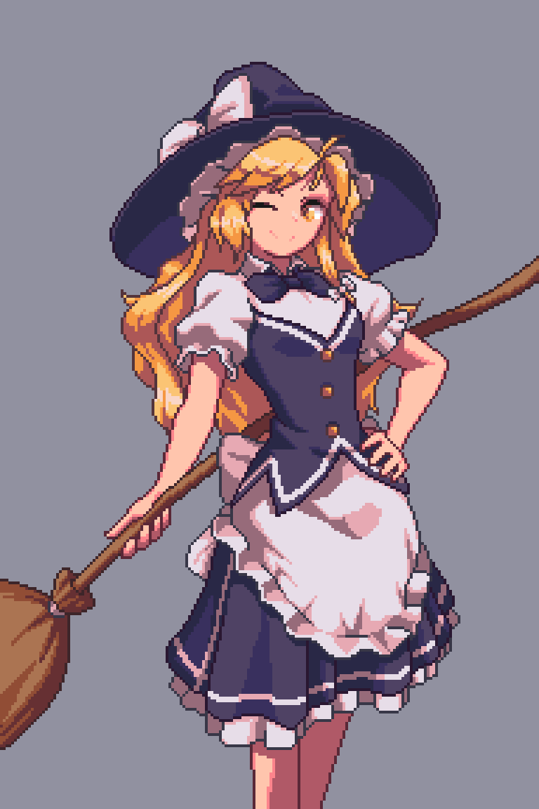 1girl, ;), black_hat, black_vest, blonde_hair, bow, braid, broom, closed_mouth, cowboy_shot, grey_background, hair_bow, hand_on_own_hip, hat, hat_bow, holding, holding_broom, kirisame_marisa, long_hair, looking_at_viewer, one_eye_closed, pixel_art, potemki11, side_braid, simple_background, single_braid, smile, solo, standing, touhou, vest, white_bow, yellow_eyes