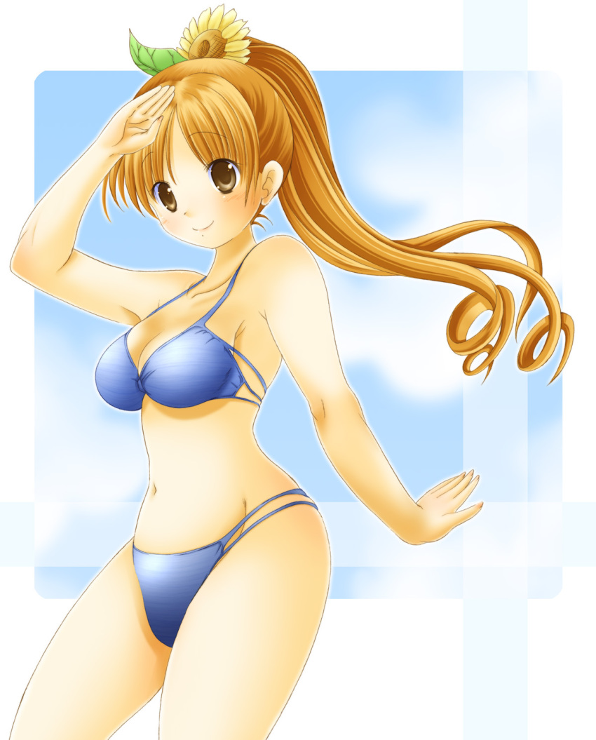 1girl, bikini, blonde_hair, breasts, brown_eyes, brown_hair, female_focus, flower